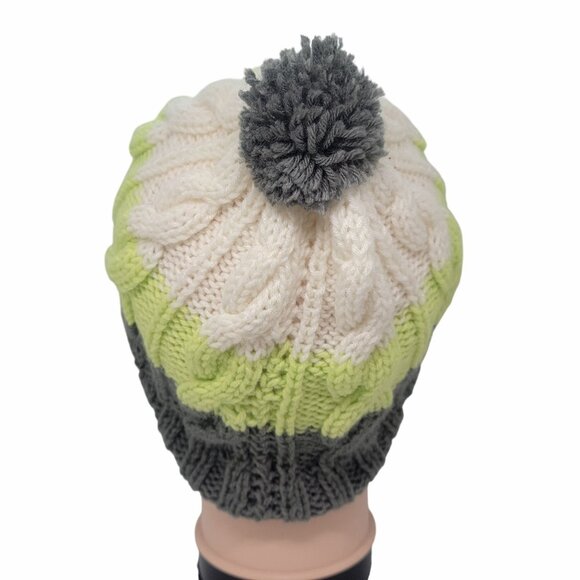 ⭐Adult Unisex Handmade Pom Beanie Cable Knit Color Block Grey Green Winter Hat⭐ - Picture 4 of 7